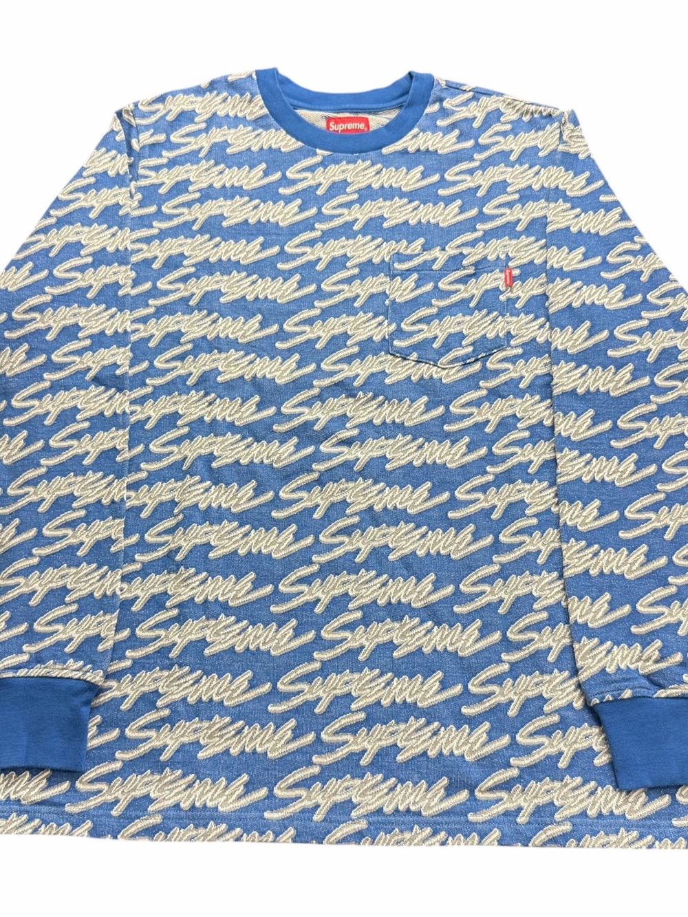 Supreme Signature Script Logo Long Sleeve Pocket Tee Royal Blue Size Medium M OG